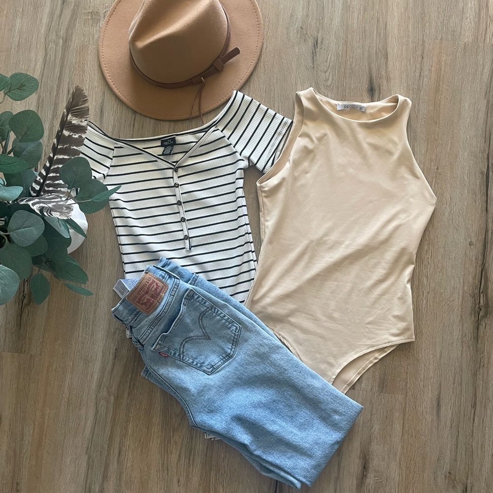 Amazon Blue and White Fitted Buttoned Bodysuit and cream sleeveless bodysuit